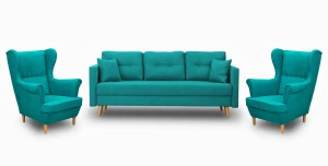 Komplet wypoczynkowy skandynawski do salonu sofa i 2 fotele Turkusowy