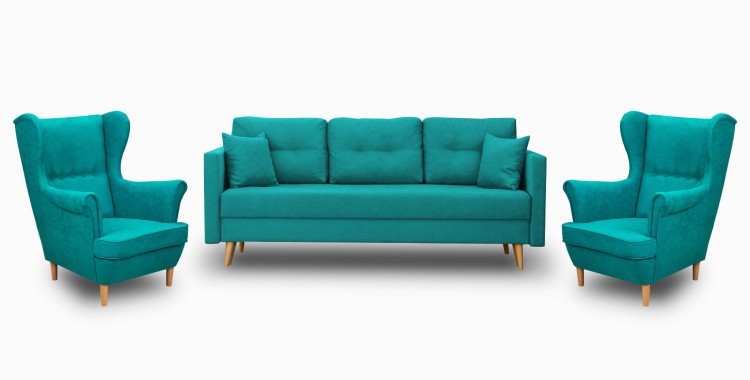 Komplet wypoczynkowy skandynawski do salonu sofa z funkcją spania i 2 fotele turkusowy - internetowy sklep meblowy Bird Meble
