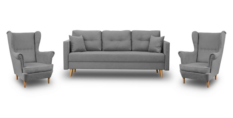 Komplet wypoczynkowy skandynawski do salonu sofa z funkcją spania i 2 fotele szary- internetowy sklep meblowy Bird Meble