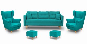 Komplet wypoczynkowy skandynawski do salonu sofa + 2 fotele z podnóżkami Turkusowy