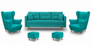 Komplet wypoczynkowy skandynawski do salonu sofa + 2 fotele z podnóżkami Turkusowy