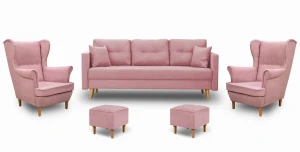Komplet wypoczynkowy skandynawski do salonu sofa + 2 fotele z podnóżkami Różowy