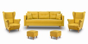 Komplet wypoczynkowy skandynawski do salonu sofa + 2 fotele z podnóżkami Żółty