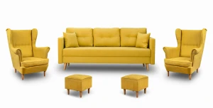 Komplet wypoczynkowy skandynawski do salonu sofa + 2 fotele z podnóżkami Żółty