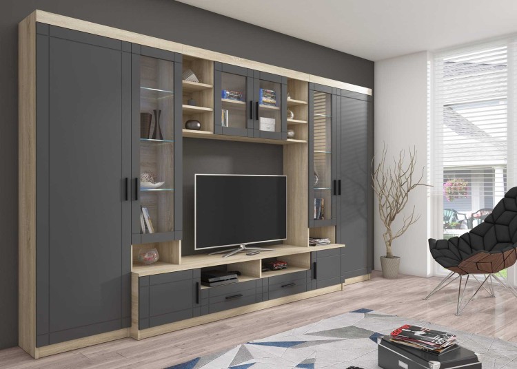 Meblościanka z witryną Paris GR01 z 2 komodami 3D 2S i 2D 2S Grafit/Dąb Sonoma