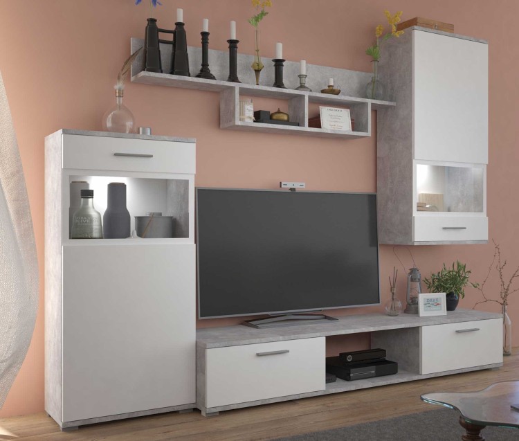 Nowoczesna meblościanka pokojowa Blues WHBJ01 Biały/Beton + LED