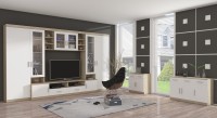 Meblościanka z witryną Paris WH01 z 2 komodami 3D 2S i 2D 2S Biały/Dąb Sonoma + LED