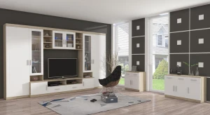 Meblościanka z witryną Paris WH01 z 2 komodami 3D 2S i 2D 2S Biały/Dąb Sonoma + LED