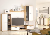 Meblościanka pod telewizor Salsa WHAR01 z komodą WHAR20 3D 2S Biały/Dąb Artisan + LED
