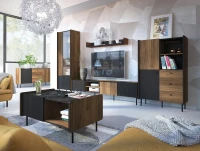 Aranżacja przedstawiająca szafkę RTV Prestigo P8 3D w salonie w stylu nowoczesnym/loft