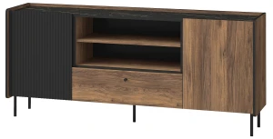 Komoda 180 cm z szufladą do salonu Prestigo P16 Czarna/Orzech/San Sebastian