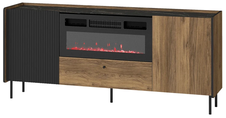 Komoda z szufladą i kominkiem elektrycznym Prestigo P16 w kolorze czarnym/orzech/San Sebastian