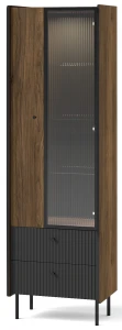 Witryna szklana z szufladami do salonu Prestigo P3 1D1W2S + LED Czarna/Orzech/San Sebastian