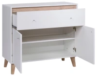 Komoda 100cm Oviedo OV-01 z otwartymi drzwiczkami i wysuniętą szufladą Biały/San Remo Jasne - sklep meblowy BIRD Meble