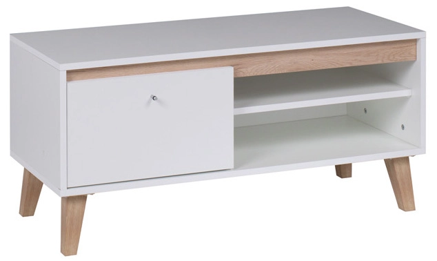 Stolik pod telewizor w stylu skandynawskim Oviedo OV-06 Biały/San Remo Jasne - sklep meblowy BIRD Meble