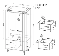 wymiary szafy Lofter L01 oraz szkic wnętrza szafy