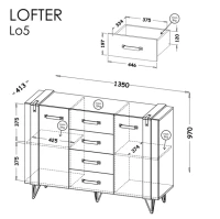 wymiary komody Lofter L05 oraz szkic wnętrza