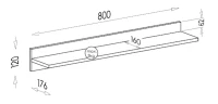Rysunek techniczny przedstawia wymiary złożonej półki na ścianę 80cm Gumi G5. Wymiary podano w długości, szerokości oraz długości.