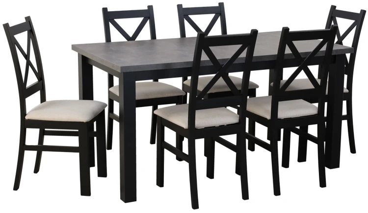Zestaw stół rozkładany 150/190x80 Czarny/Beton z 6 krzesłami do jadalni kuchni Czarny/Beż M006-6