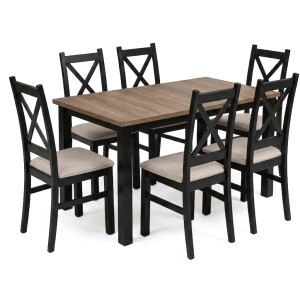 Zestaw stół rozkładany 150/190x80 Czarny/Dąb lefkas z 6 krzesłami Czarny/Beż K006-6
