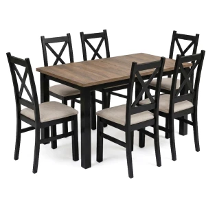Zestaw stół rozkładany 150/190x80 Czarny/Dąb lefkas z 6 krzesłami Czarny/Beż K006-6
