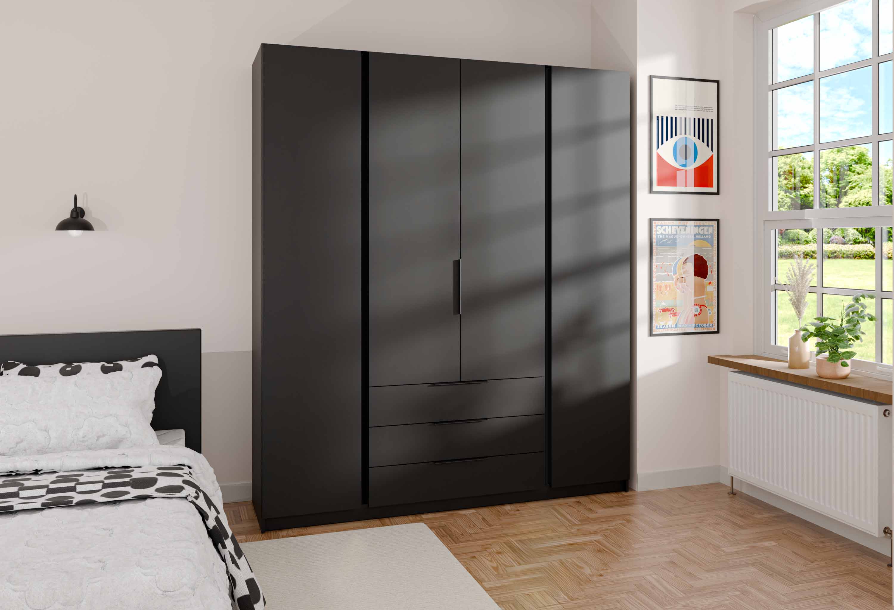 Szafa do przedpokoju 4-drzwiowa z szufladami i półkami Dravero BL/BL 4F 3S