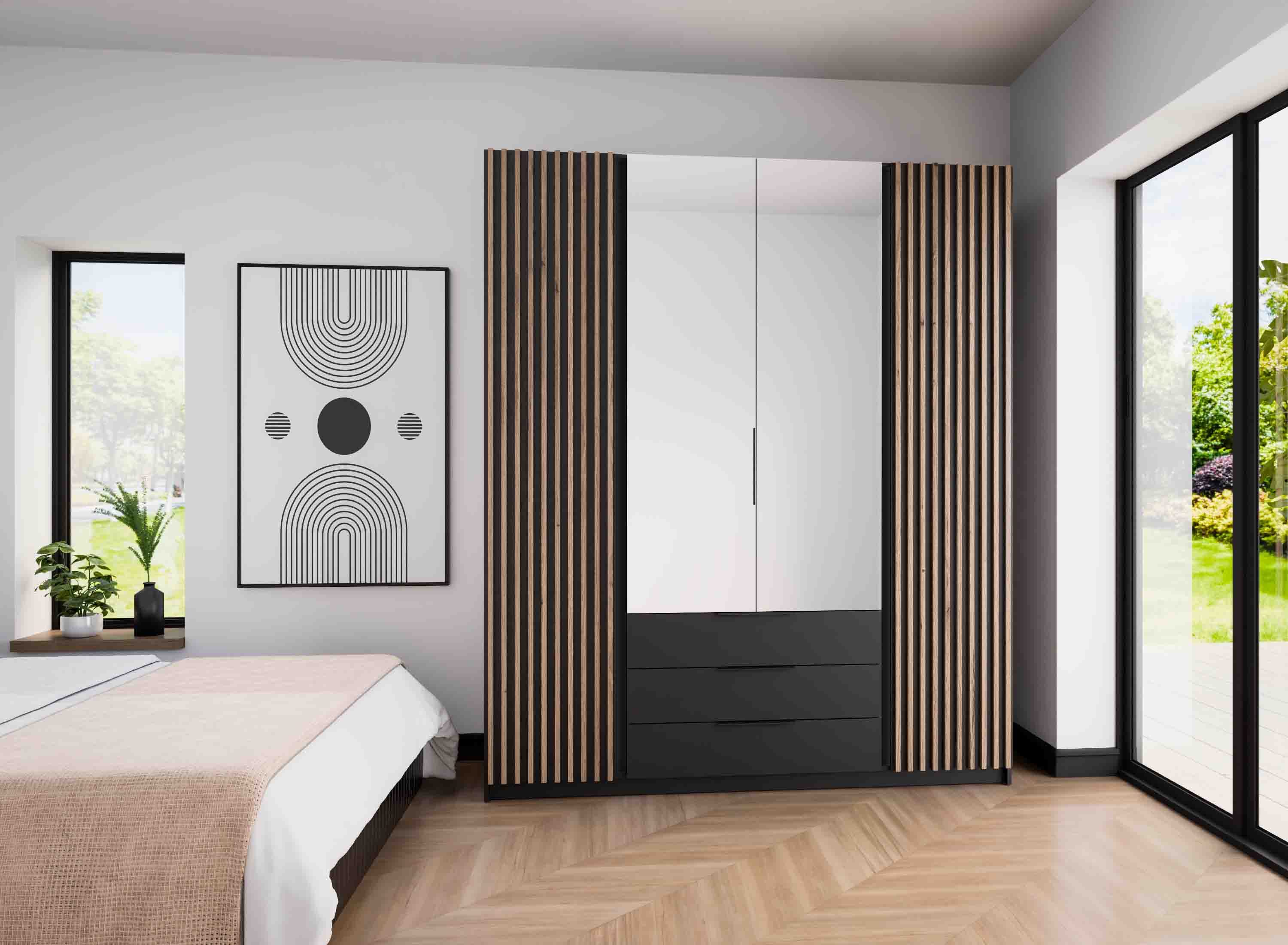 Szafa do przedpokoju 4-drzwiowa z lustrem i lamelami Dravero BL/BL-EV 2LAM 2L 3S