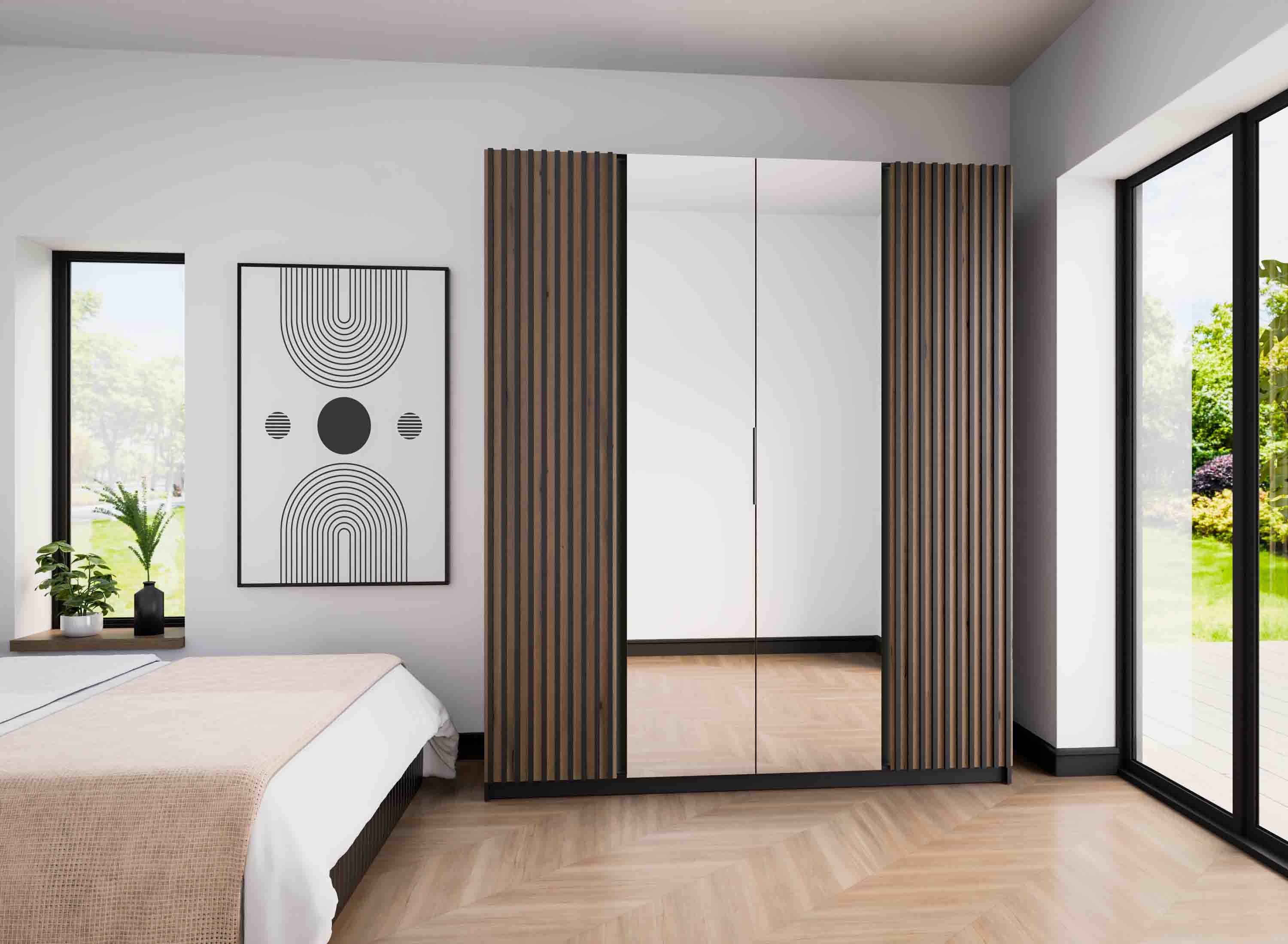 Szafa do przedpokoju 4-drzwiowa z lustrem i lamelami Dravero BL/BL-EV 2LAM 2L