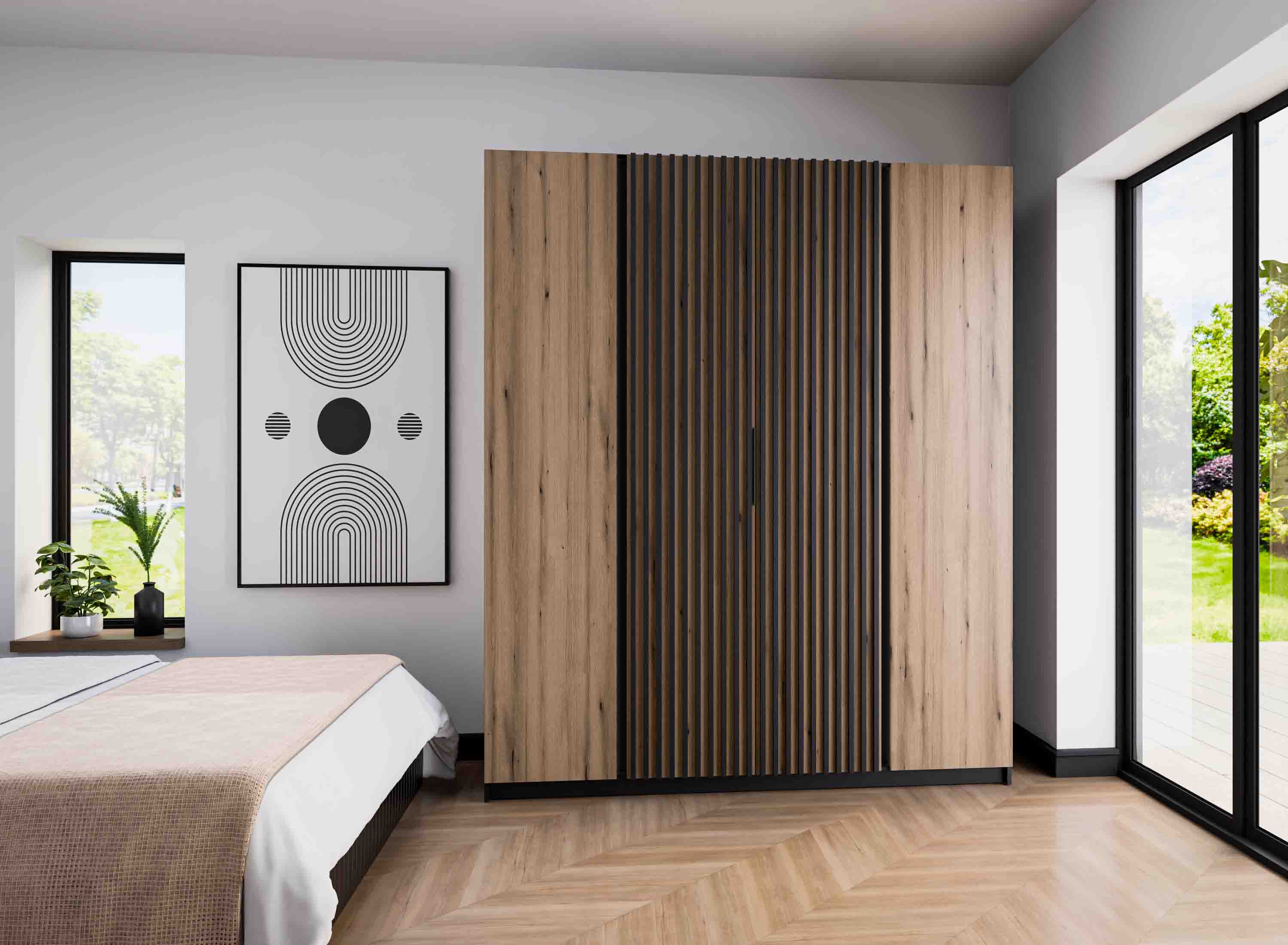 Szafa do przedpokoju 4-drzwiowa z lamelami i półkami Dravero BL/EV-BL 2F 2LAM