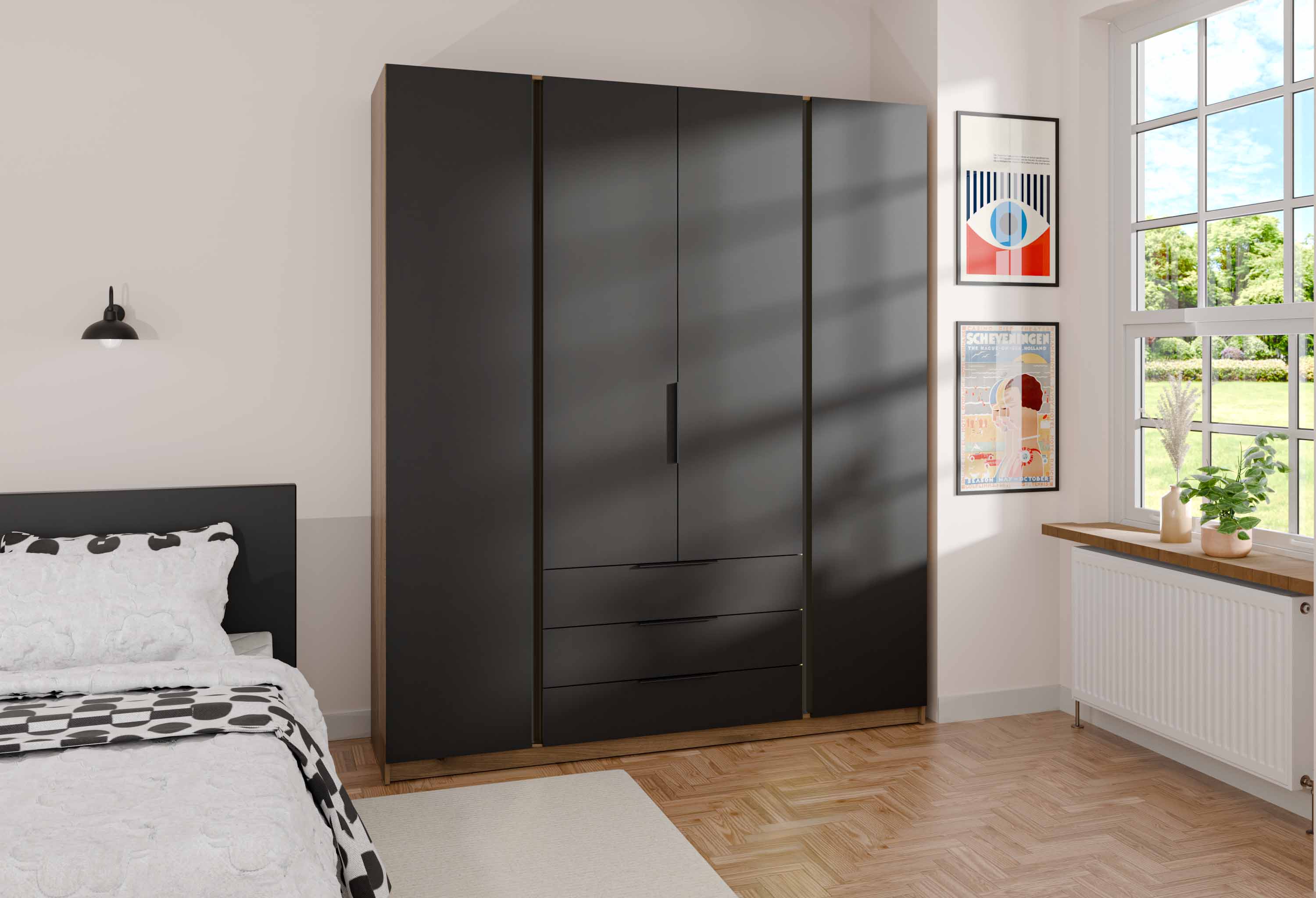 Szafa do przedpokoju i sypialni 4-drzwiowa z szufladami Dravero EV/BL 4F 3S