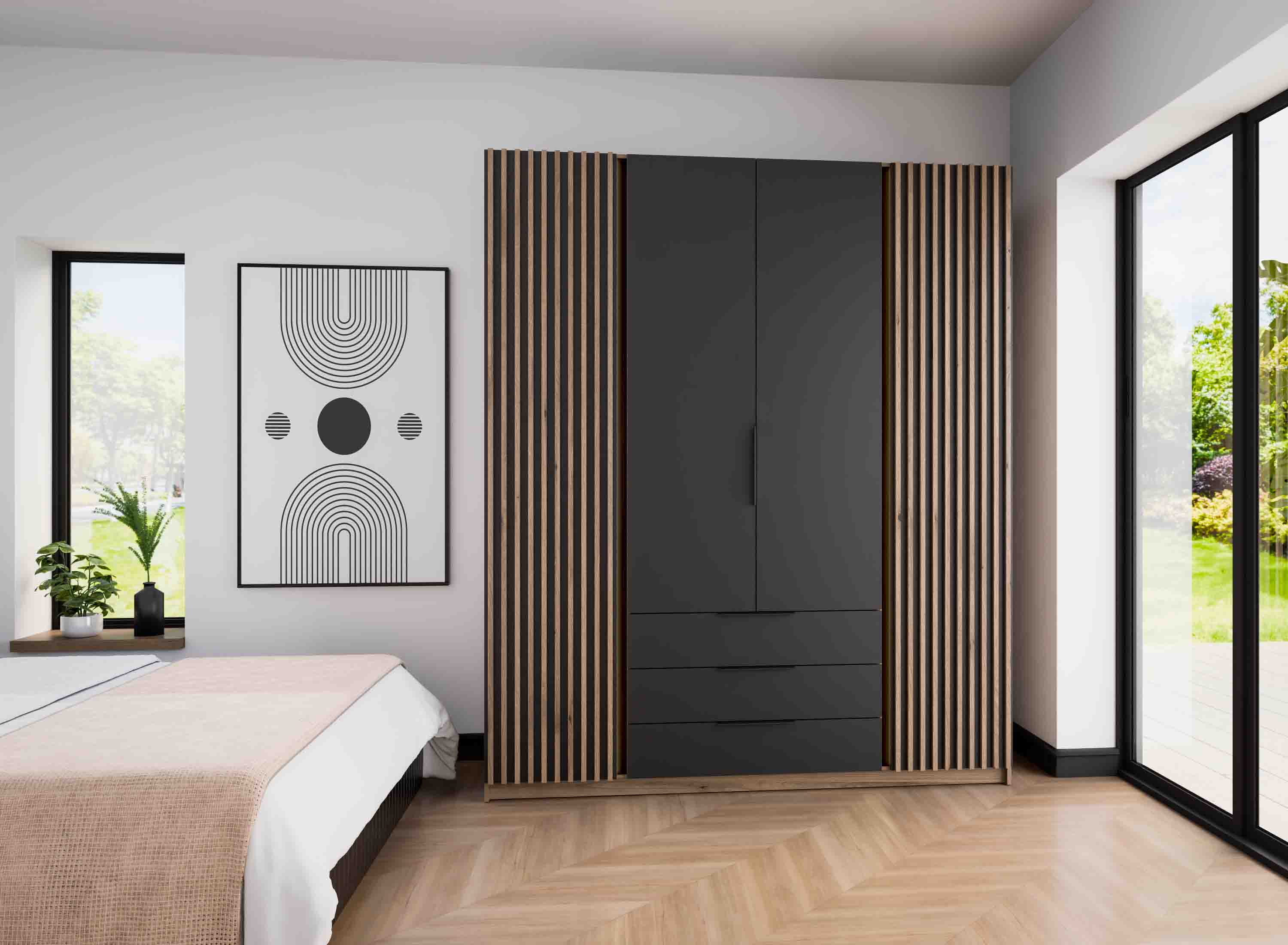 Szafa do przedpokoju 4-drzwiowa z szufladami i lamelami Dravero EV/BL-EV 2LAM 2F 3S