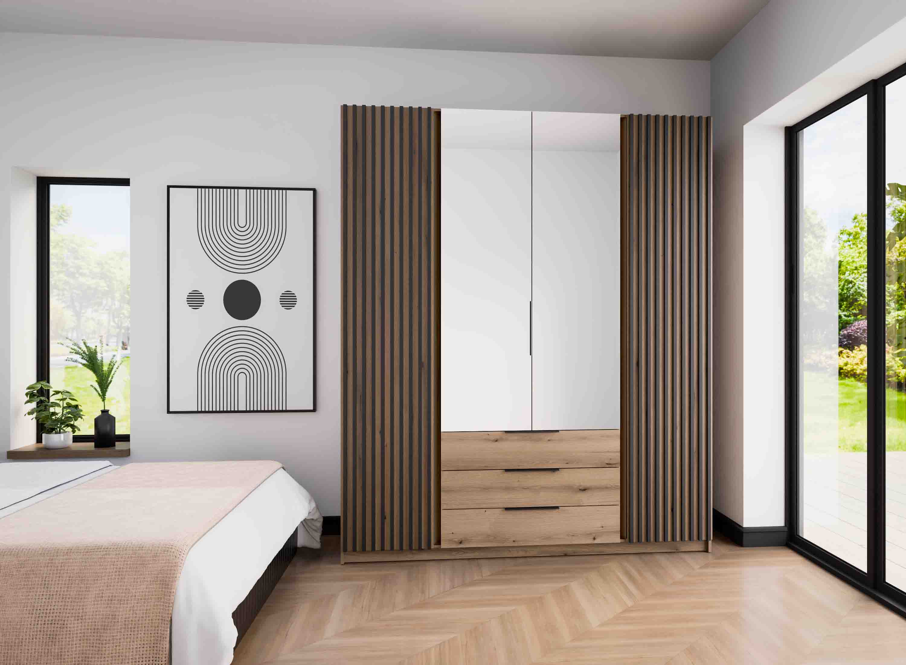 Szafa do przedpokoju 4-drzwiowa z lustrem i lamelami Dravero EV/EV-BL 2LAM 2L 3S