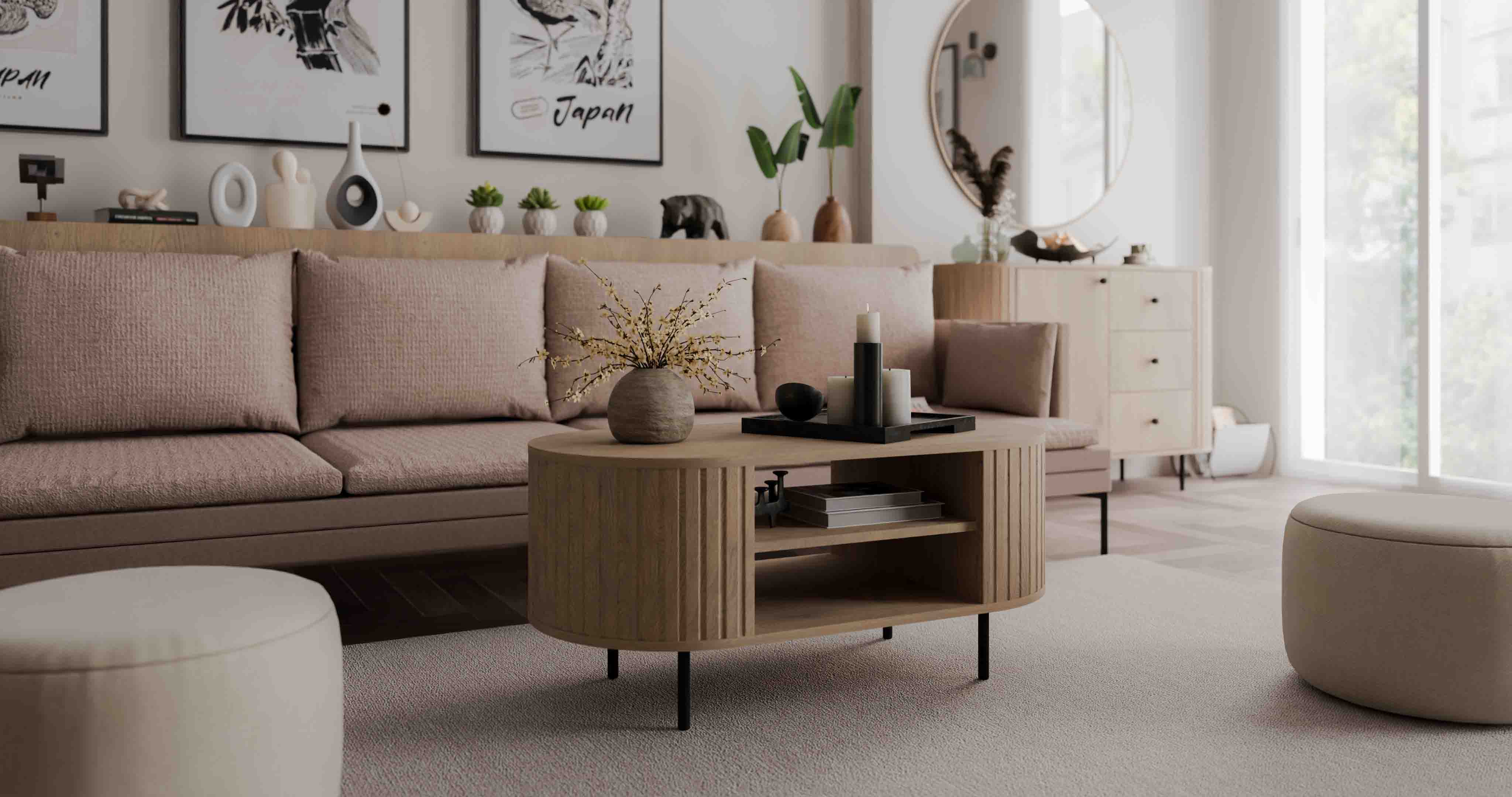 Owalny stolik kawowy z ryflowanymi bokami do salonu Flana 200 Dąb Cremona