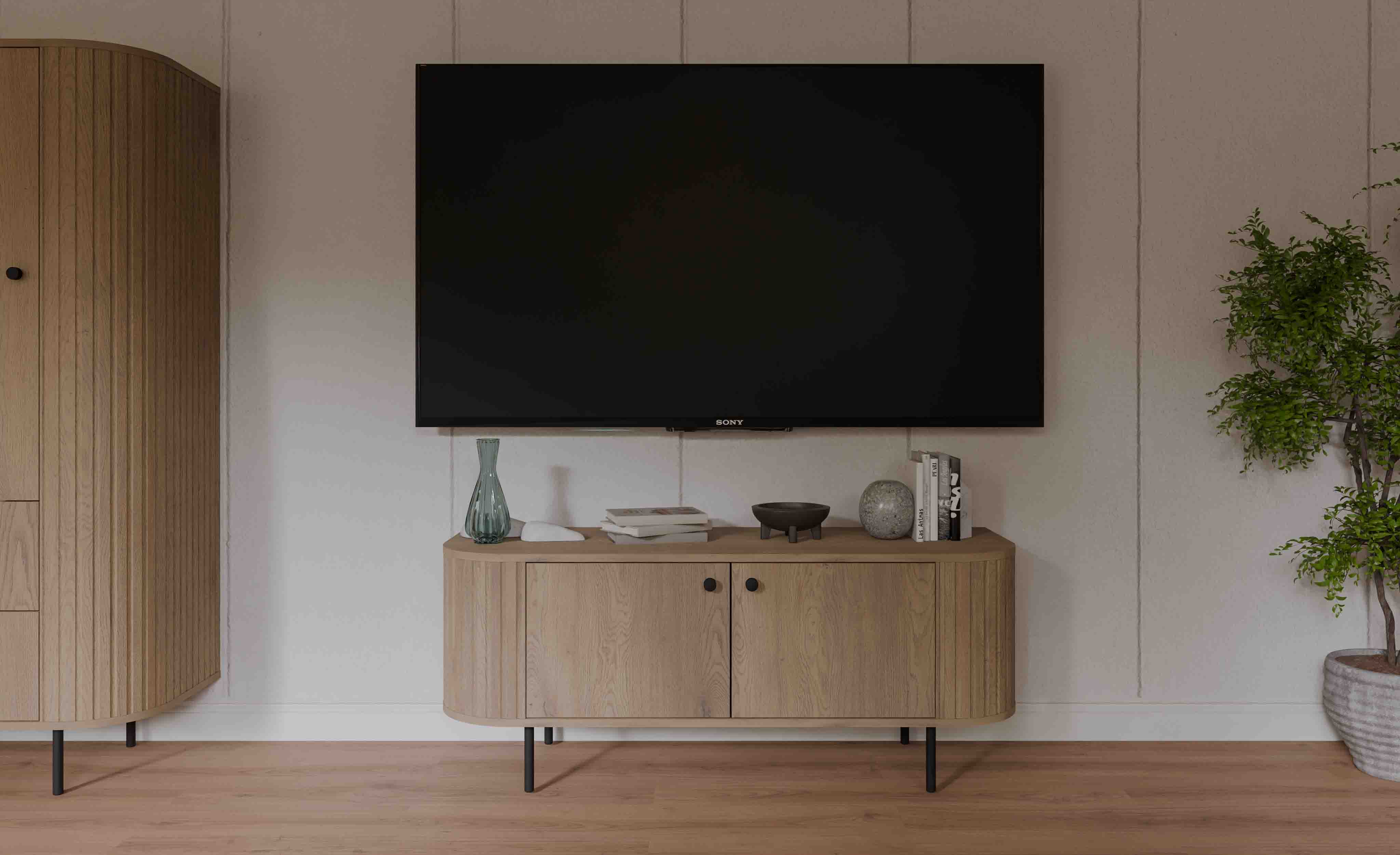 Szafka RTV do salonu z dwoma drzwiami i ryflowaniami Flana 302 2F Dąb Cremona