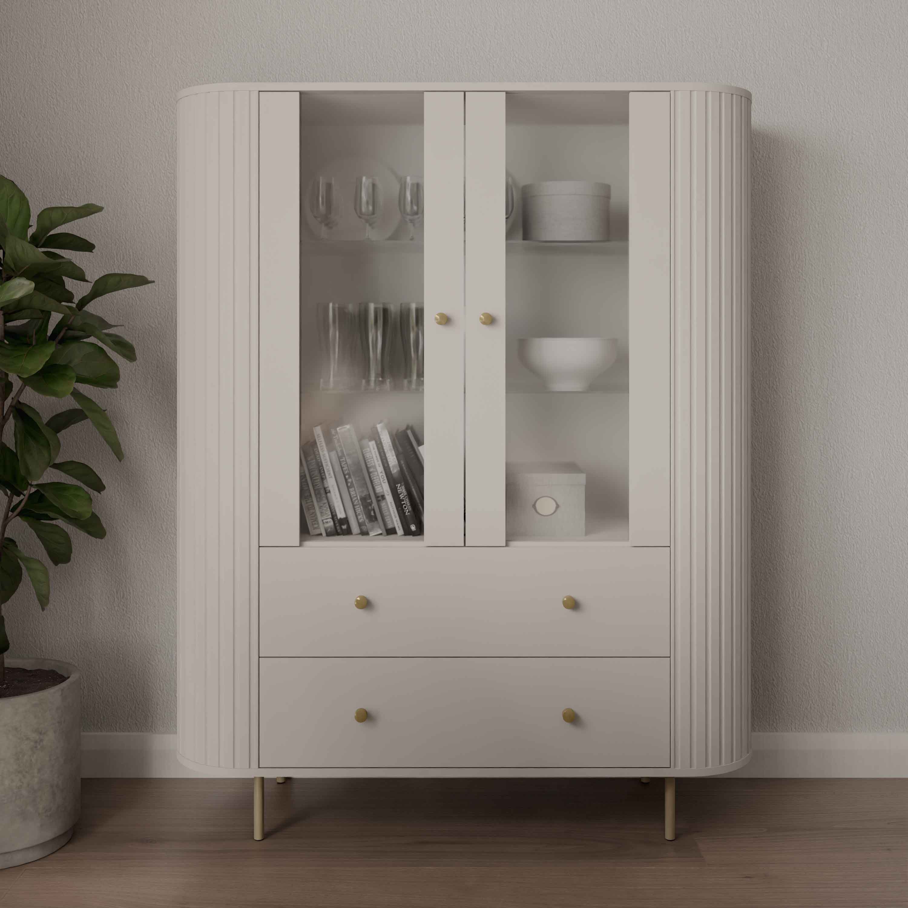 Witryna do salonu z przeszklonymi drzwiami i dwoma szufladami Flana 122 2F2S Beżowa