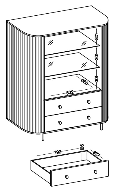 Witryna do salonu z przeszklonymi drzwiami i dwoma szufladami Flana 122 2F2S Dąb Cremona