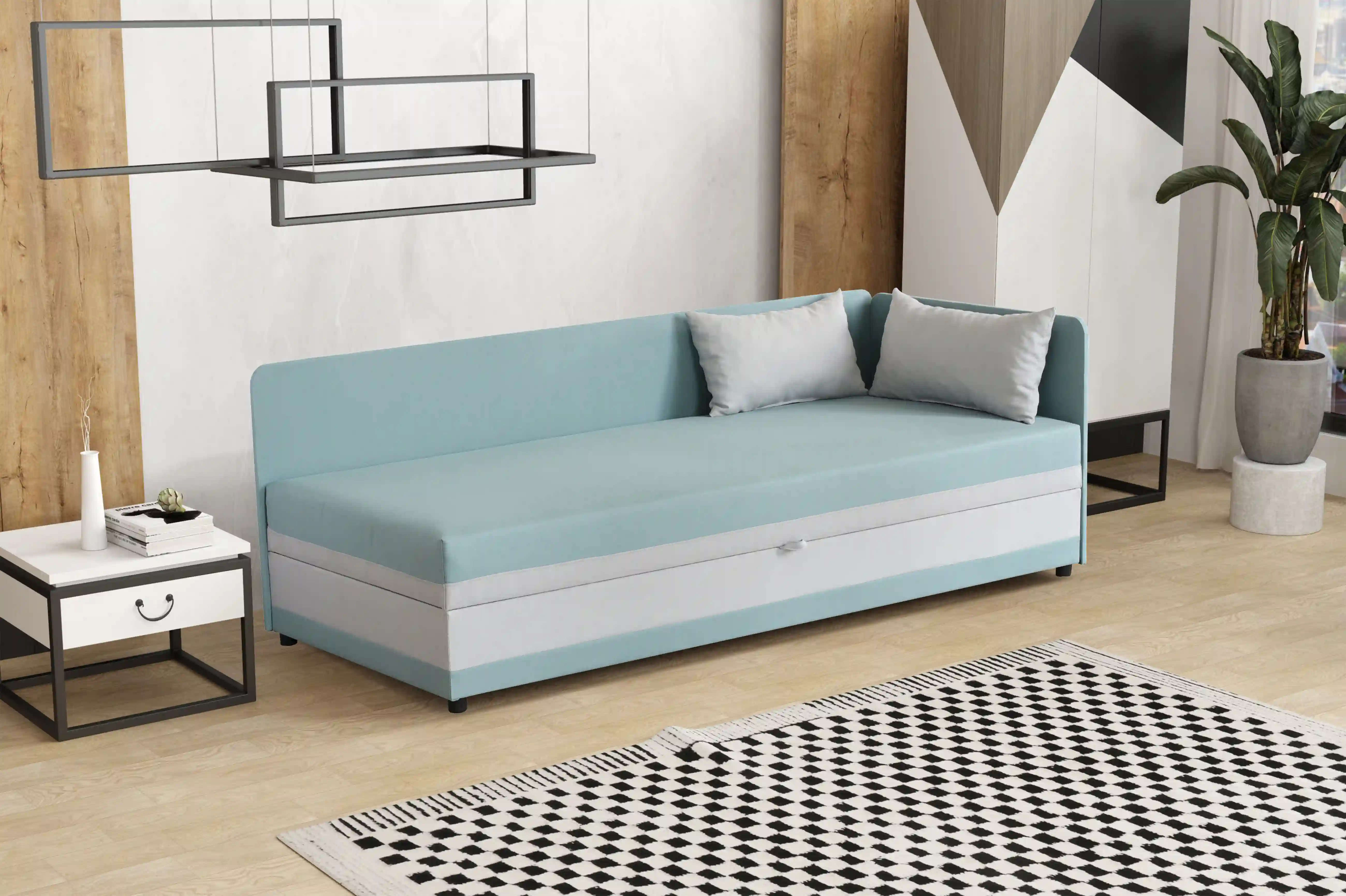 Tapczan łóżko jednoosobowe z pojemnikiem Hirek Eko 80x200 Miętowy/Szary