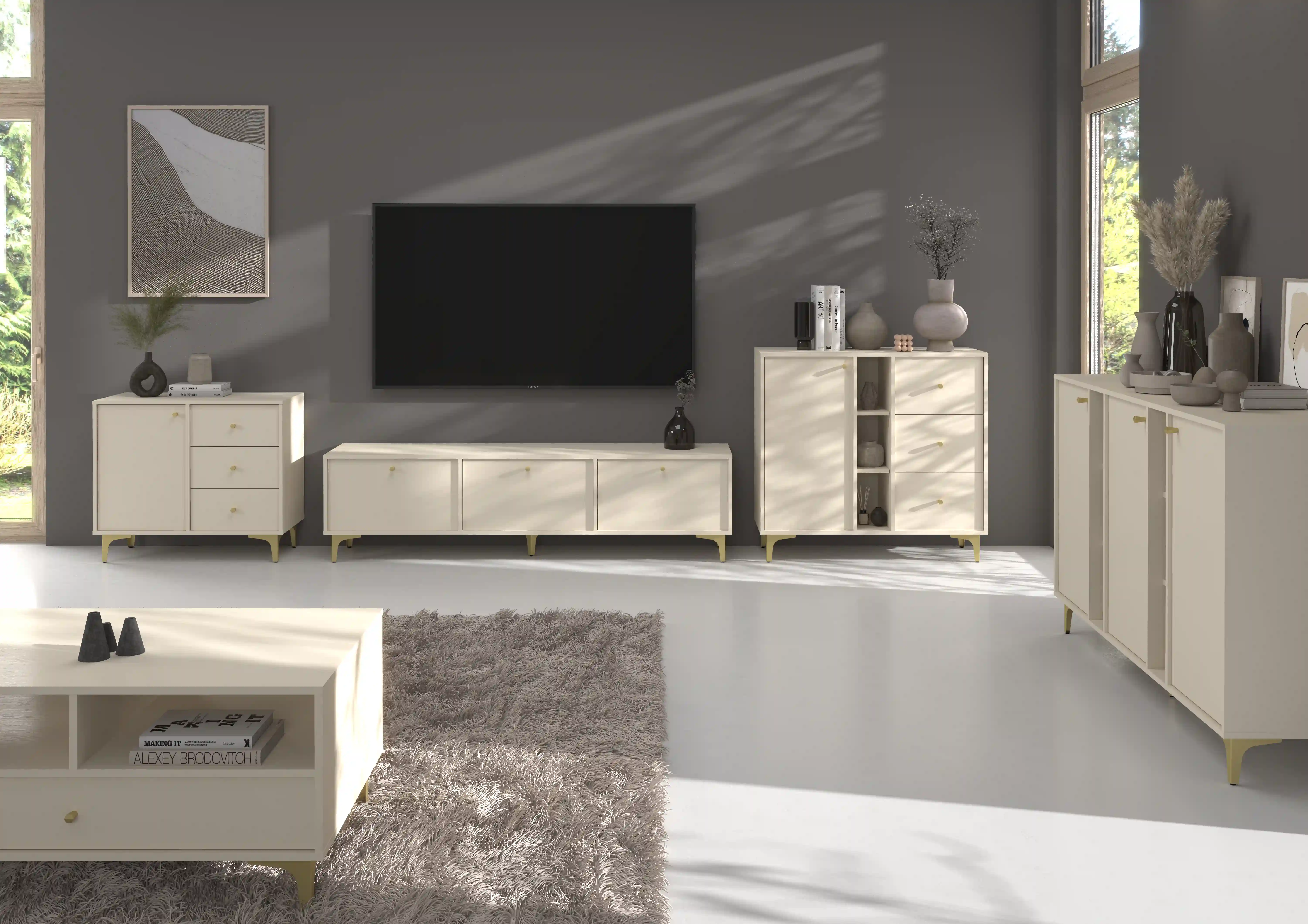 Komoda z szufladami do salonu Sakai 1F 3S T814 Beżowy