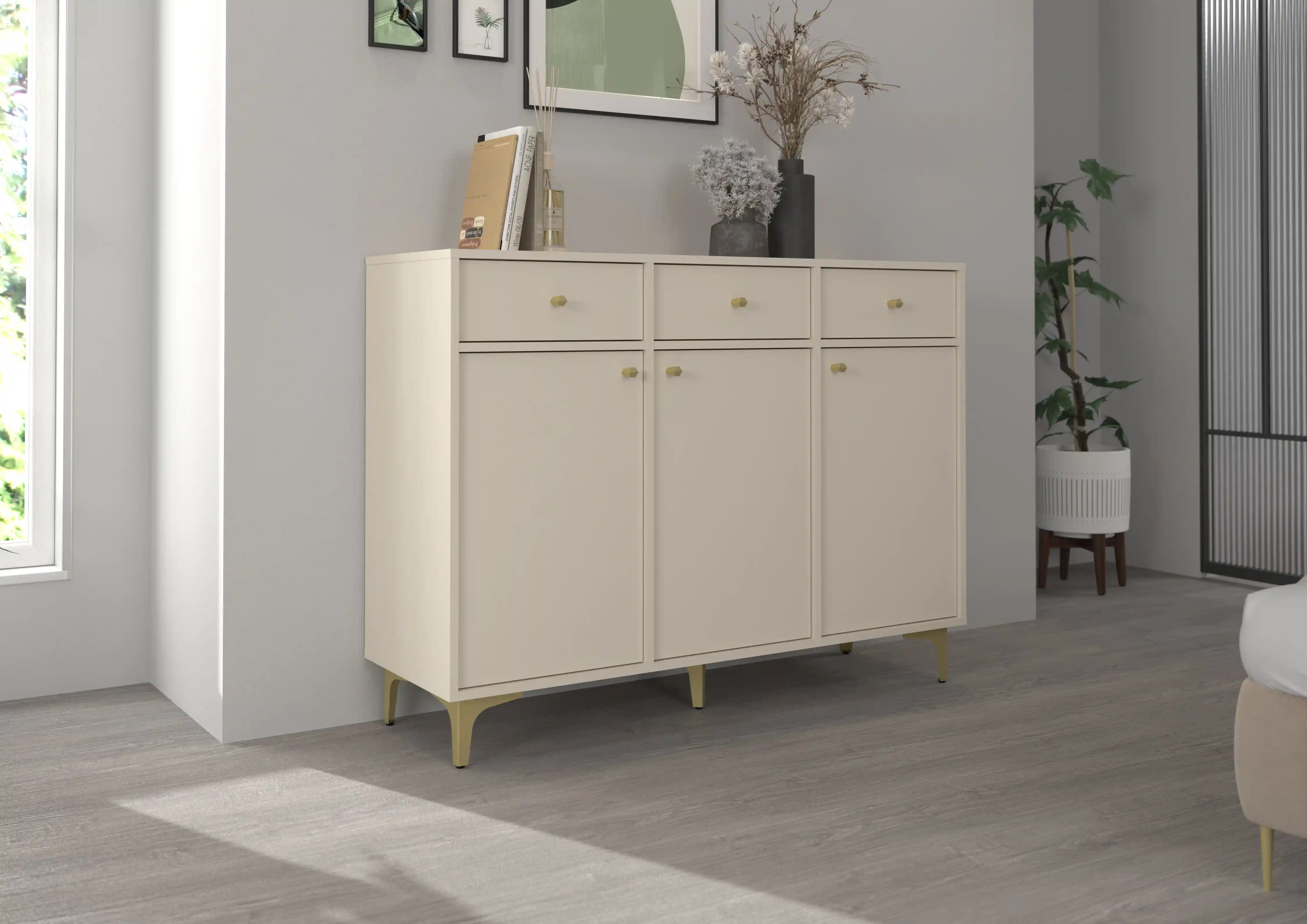 Komoda z szufladami do salonu Sakai 3F 3S T827 Beżowy