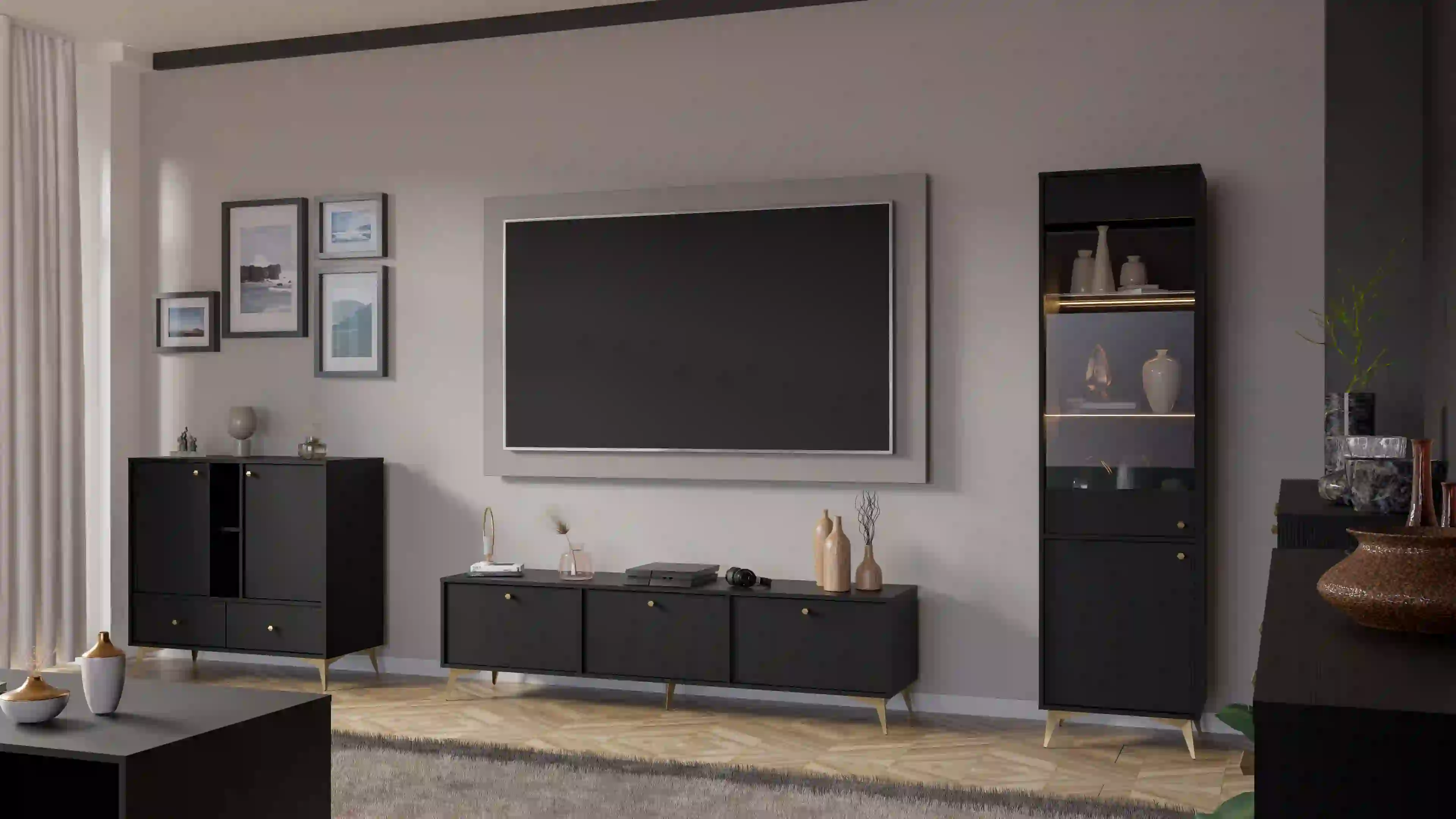 Szafka RTV stojąca do salonu Sakai 3K T303 Czarny