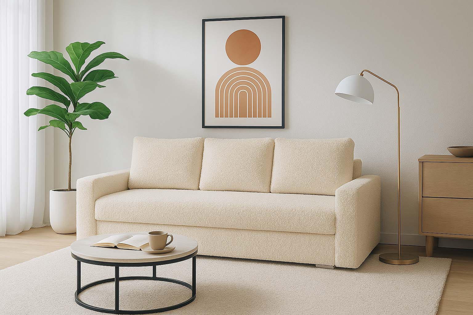 Kanapa rozkładana z funkcją spania SILVER 3 boucle kremowa