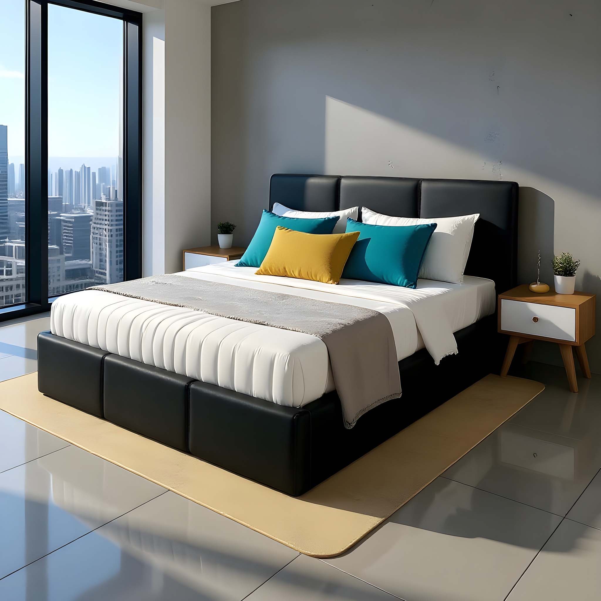 Łóżko małżeńskie tapicerowane z pojemnikiem VELORA 160x200 eko skóra czarne