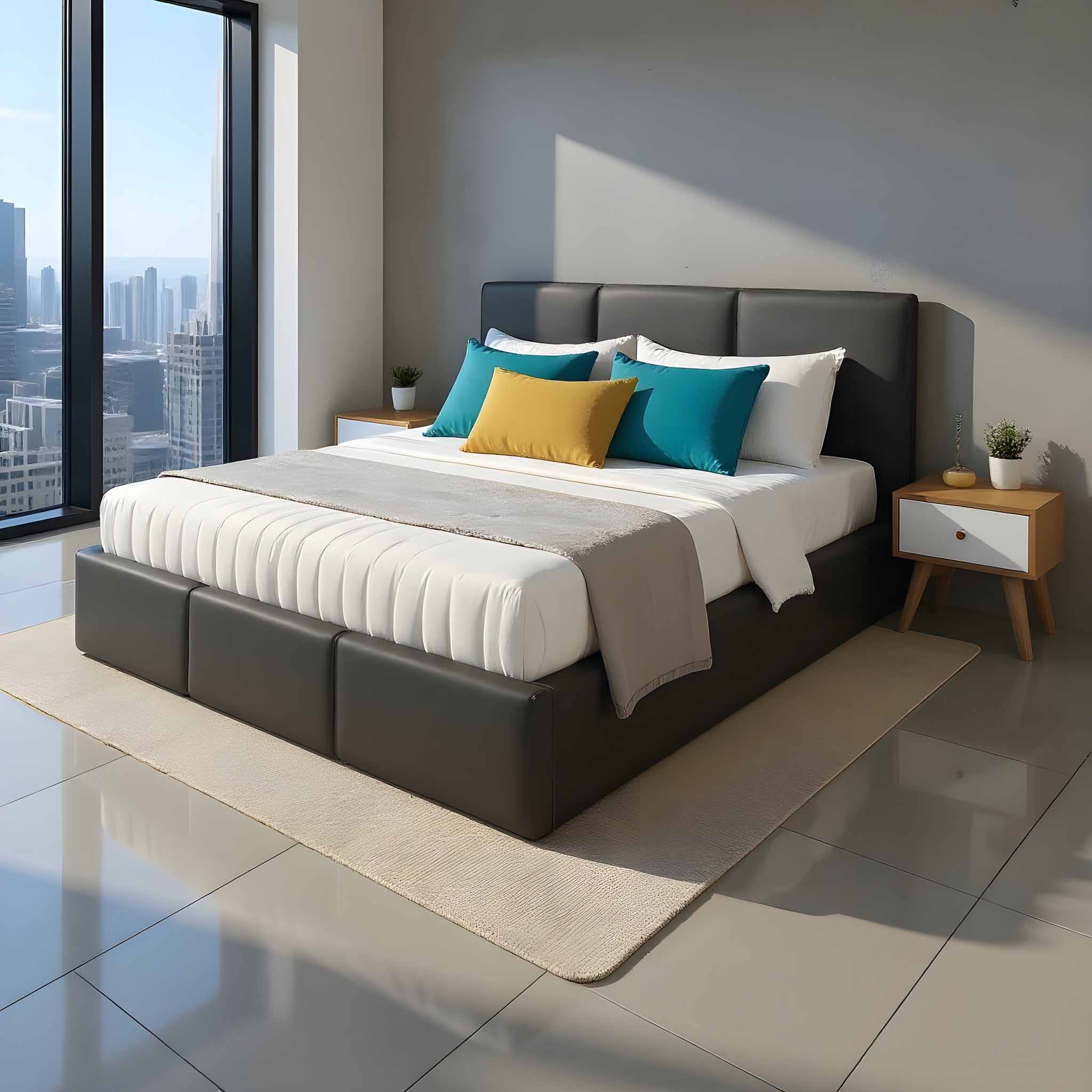 Łóżko małżeńskie tapicerowane z pojemnikiem VELORA 160x200 eko skóra grafit