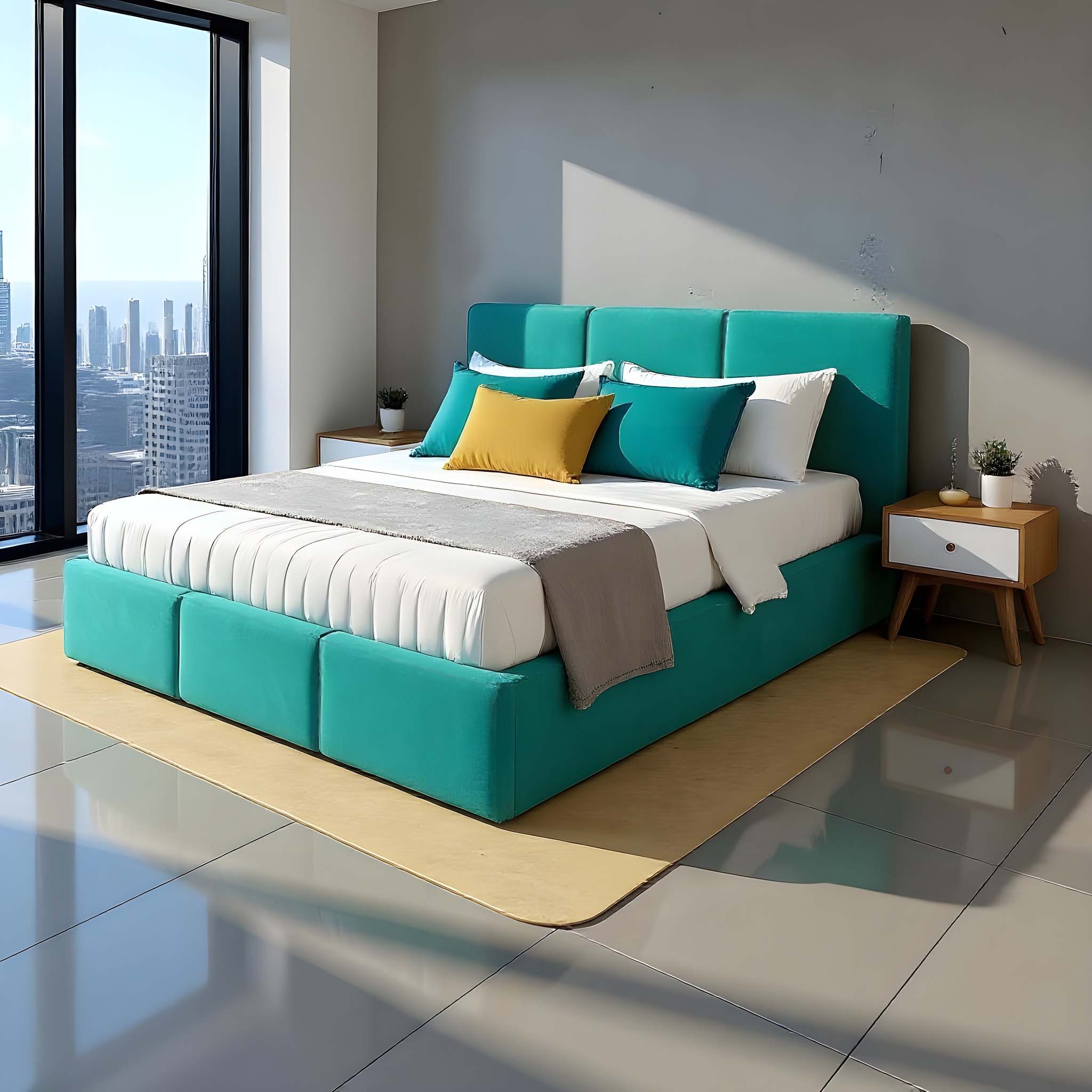 Łóżko małżeńskie tapicerowane z pojemnikiem VELORA 160x200 turkus