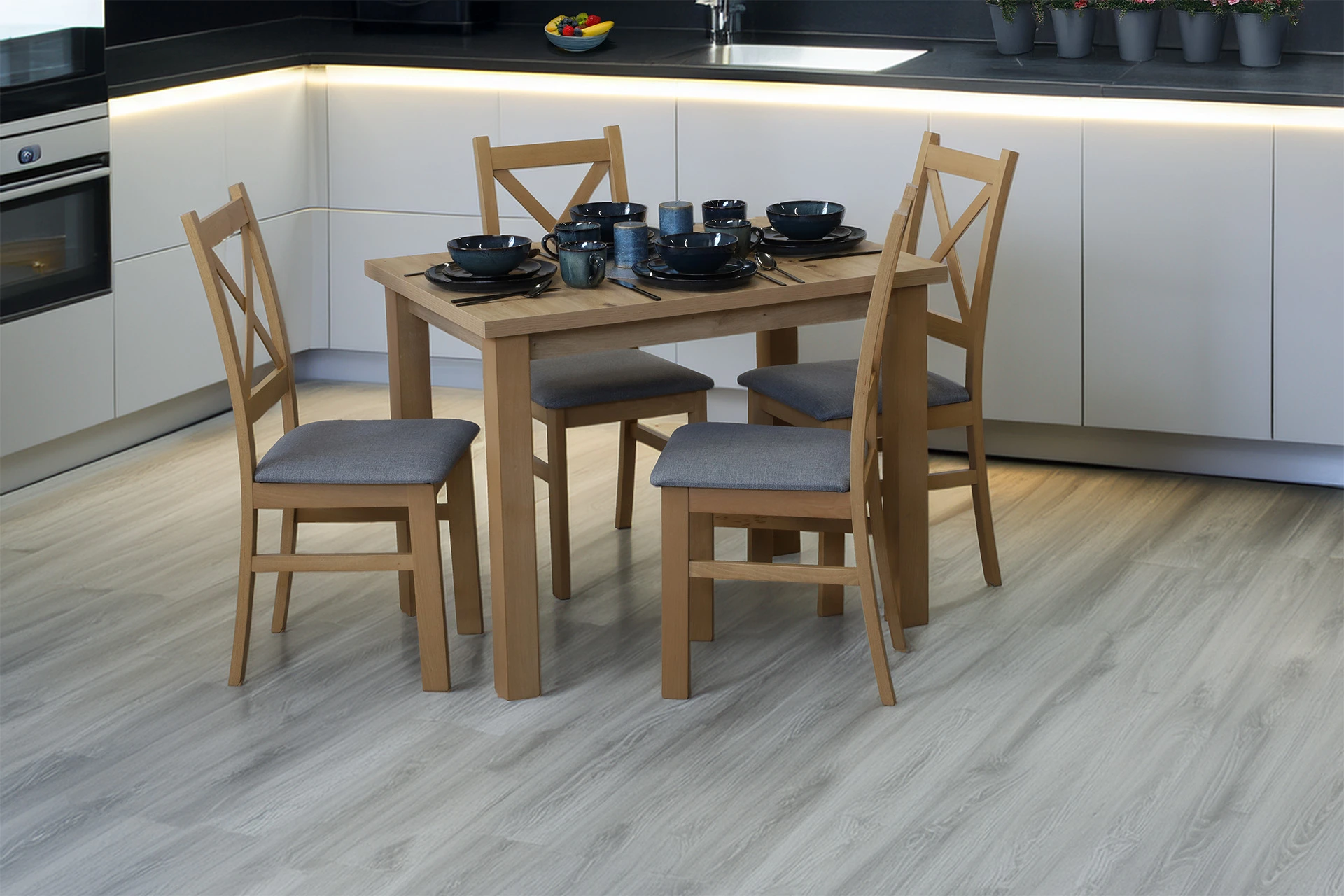 Zestaw 4x Krzesło krzyżak tapicerowane do jadalni Dąb Artisan/Szary