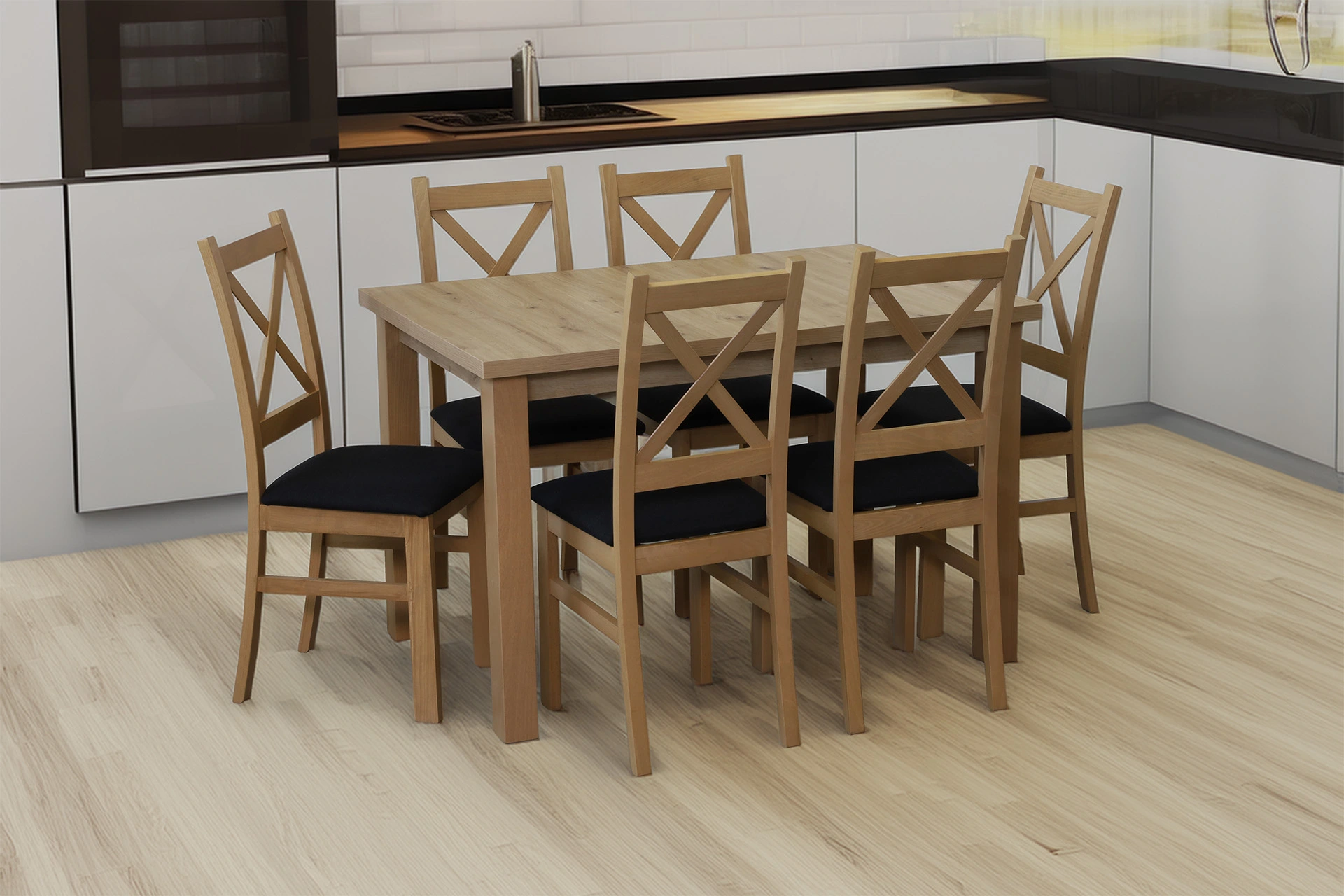 Zestaw 6x Krzesło krzyżak tapicerowane do jadalni Dąb Artisan/Czarny
