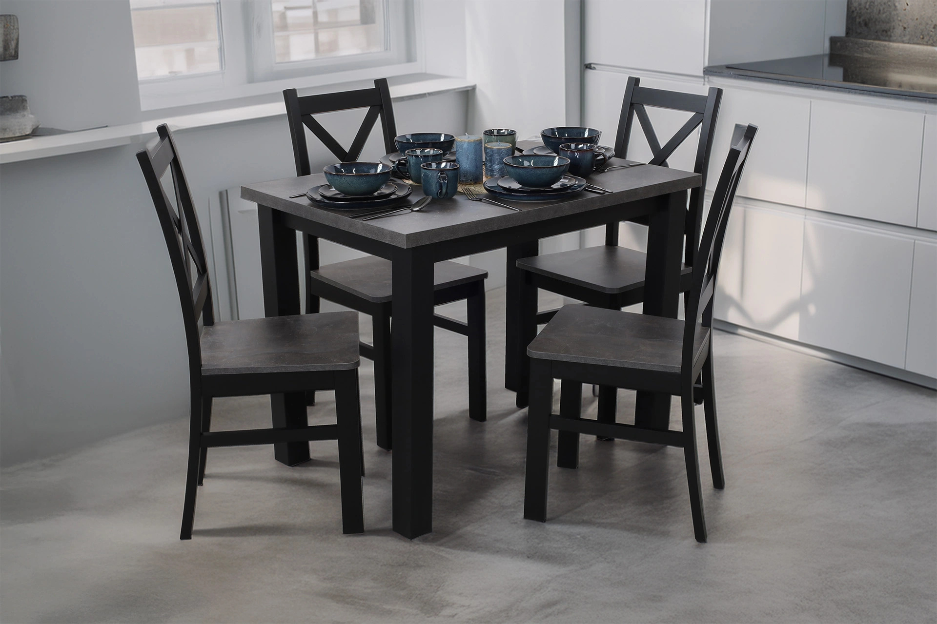 Zestaw stół 150/190x80 z 4 krzesłami do kuchni jadalni M003-4 Czarny/Beton