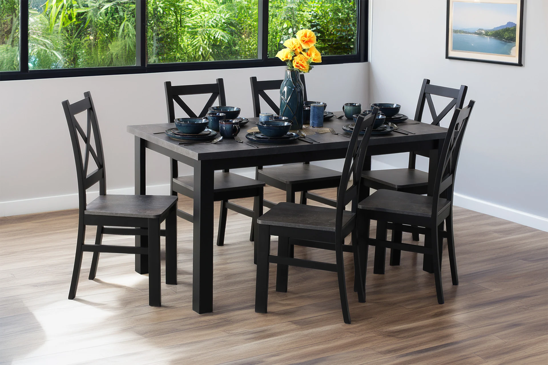 Zestaw stół 150/190x80 z 6 krzesłami do kuchni jadalni M003-6 Czarny/Beton