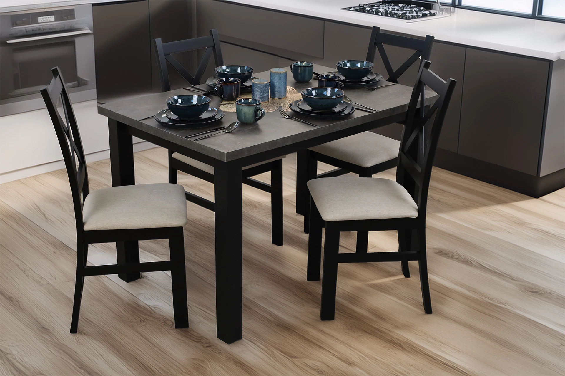Zestaw stół 120x80 z 4 krzesłami do jadalni kuchni M005-4 Czarny/Beton