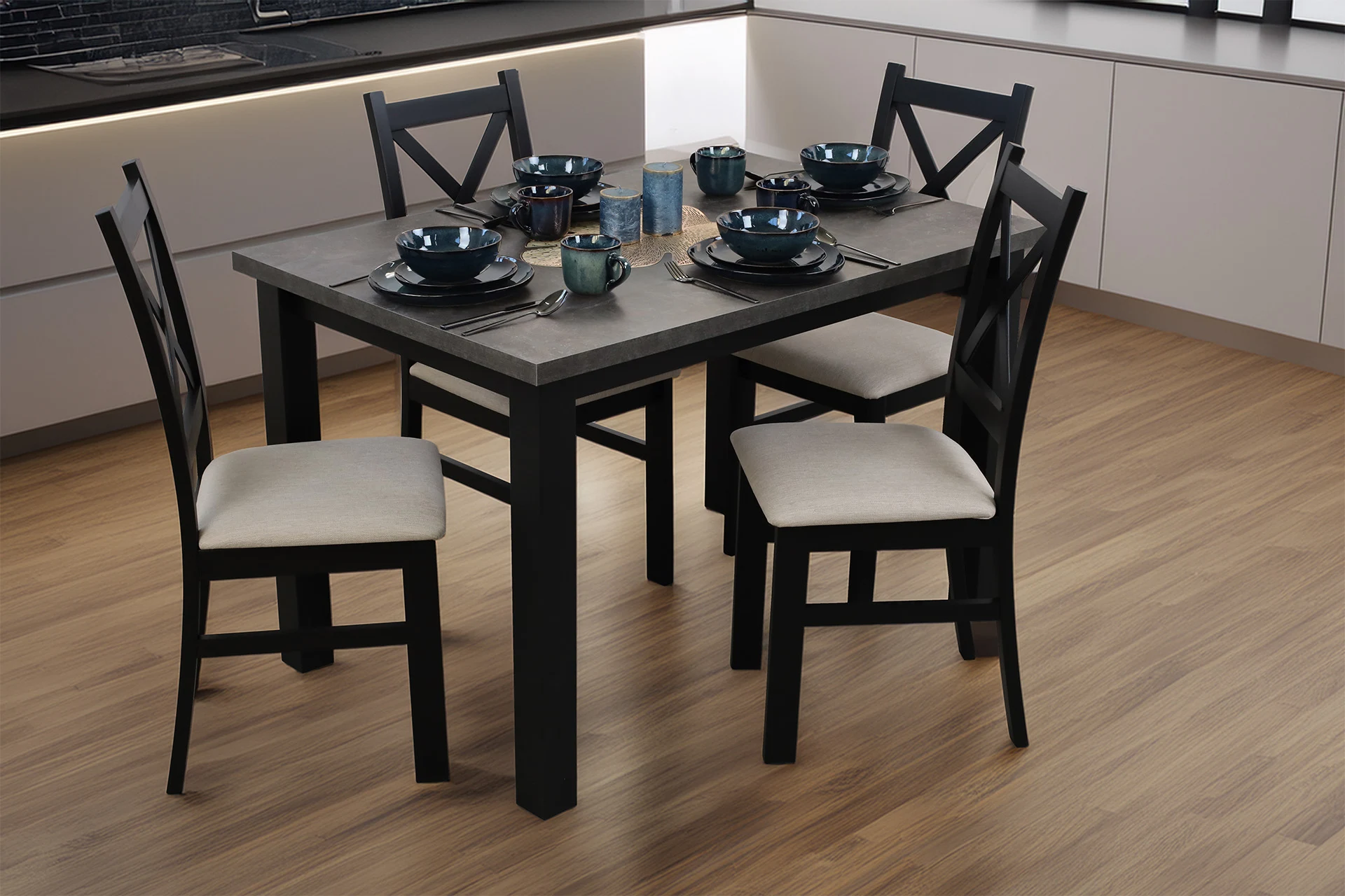 Zestaw stół rozkładany 150/190x80 z 4 krzesłami do jadalni kuchni M006-4 Czarny/Beton